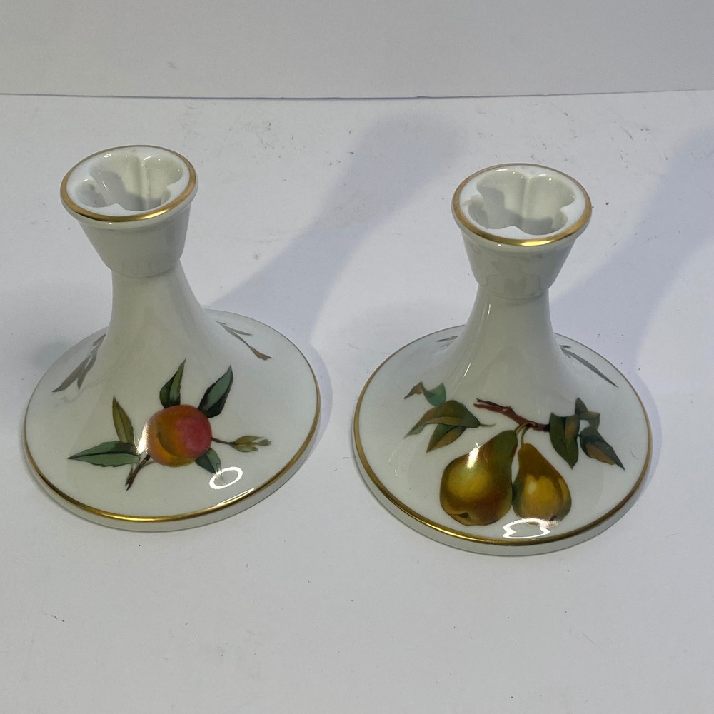 Royal Worcester Candlesticks White Excellent Evesham Gold Fruit Pair